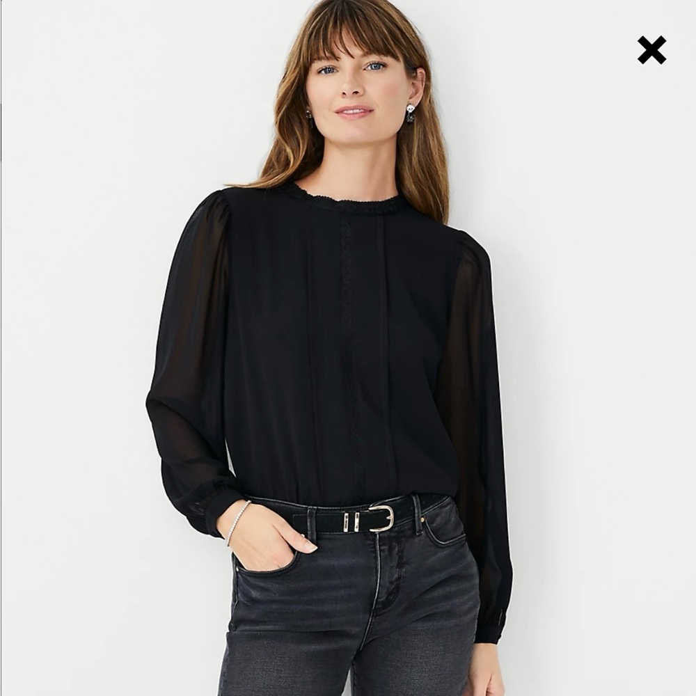 Ann Taylor Lace Mixed Media Mock Neck Blouse